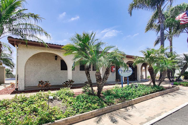 Palm trees beside a community building at Vista Del Mar in Vero Beach, Florida