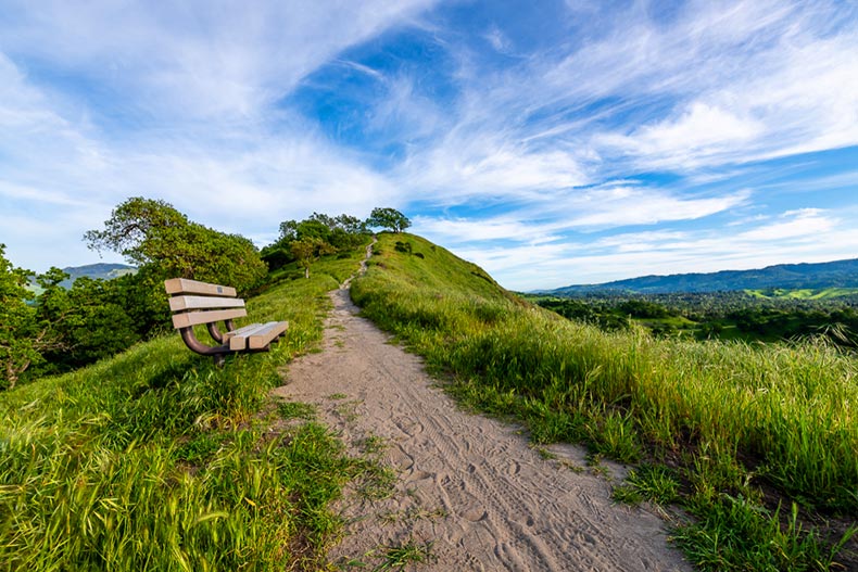 A bench along a trail in Mount Diablo State Park in Walnut Creek, California