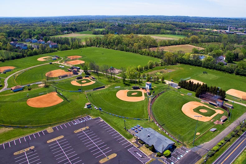 Aerial view of baseball fields in Warrington, Pennsylvania