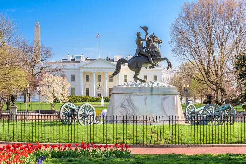 The White House and Lafayette Square in Washington, DC on a sunny day