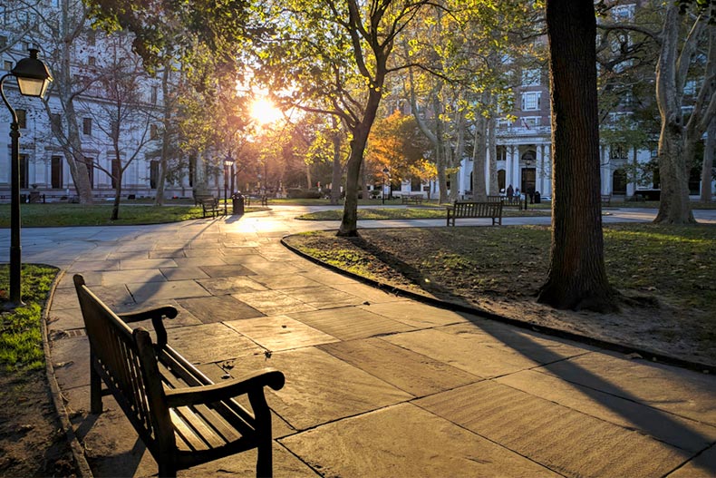 A sunset view of Washington Square Park in Philadelphia