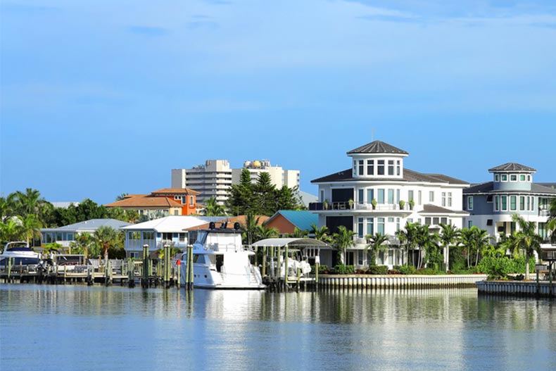Waterfront homes, timeshares, and condos along Matanzas Pass waterways in Fort Myers Beach, Florida