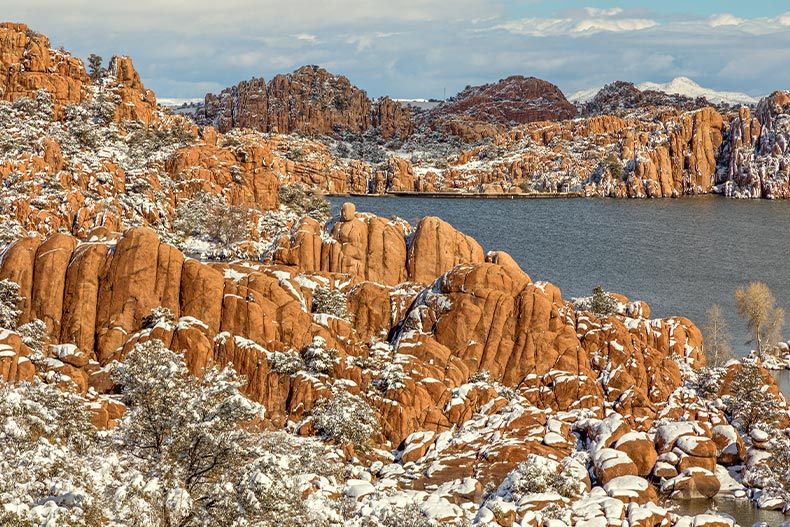 Snowy rock formations on Watson Lake in Prescott, Arizona