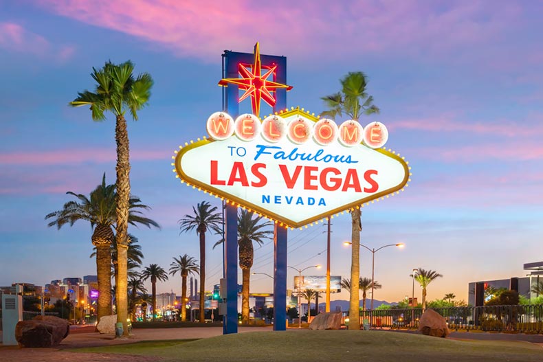 The "Welcome to Fabulous Las Vegas" sign in Las Vegas, Nevada at sunset