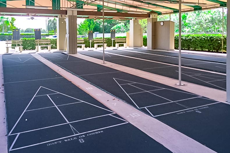 The outdoor shuffleboard courts at Wynmoor Village in Coconut Creek, Florida