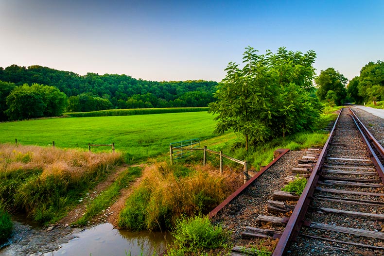 A farm and a creek along railroad tracks in Southern York County, Pennsylvania