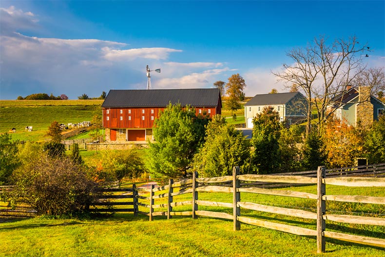 A red barn on a farm in rural York County, Pennsylvania