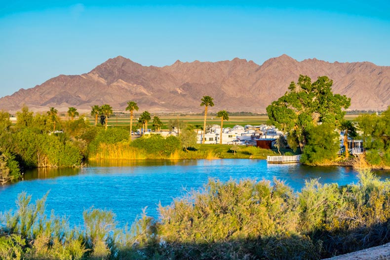 Mountains and greenery around the famous Yuma Lakes in Yuma, Arizona